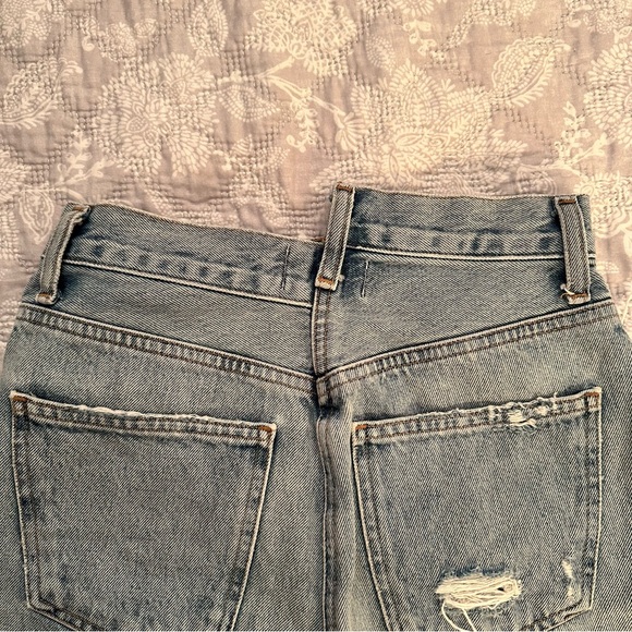 Agolde Criss 100% Cotton Frayed Cross Waist Asymmetrical Denim Jean Shorts - Picture 11 of 11